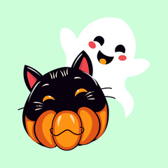 Cute Halloween Pumpkin Cat and Ghost Illustration