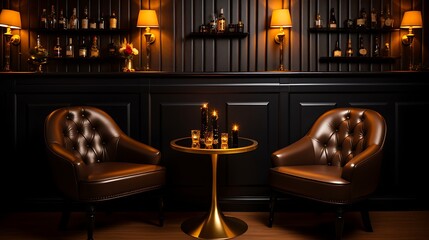 Cozy luxury lounge bar with golden wall sconces, small round black tables, dark wood chairs with gold frames, soft candlelight on each table, and a bar lined with golden light accents, full frame,