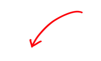 Red hand drawn curved arrow symbol for highlight, presentation pointer, scrapbook sticker, overlay design and poster decoration isolated on transparent background