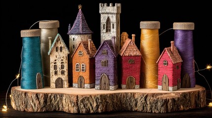 Miniature town of colorful houses on a wooden slice