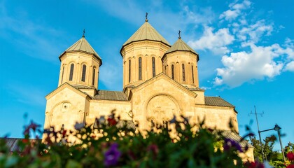 A beautiful, light-beige stone church stands tall against a vibrant blue sky filled with fluffy white clouds.