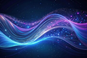 Abstract glowing wave of light particles and flowing lines in vibrant blue and purple hues isolated on transparent background