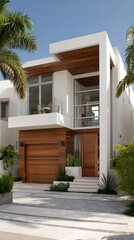 Fototapeta premium Awesome photo of modern Miami home exterior showcases white and brown facade with wooden garage door.