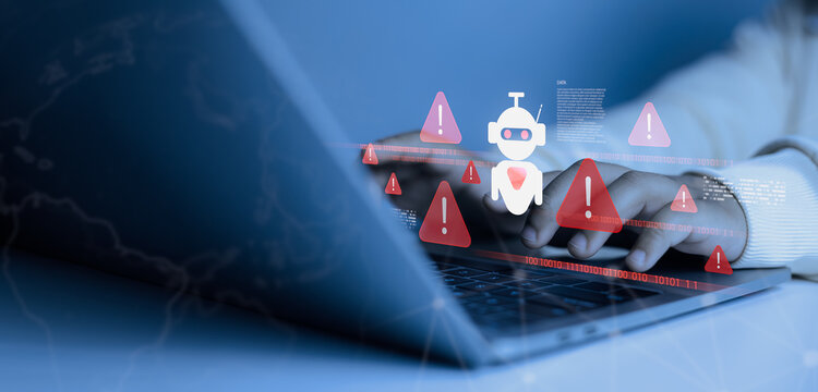 Hands typing on laptop with AI robot icon and warning alerts, concept of cybersecurity threat, malware attack, artificial intelligence risk, and online data protection.