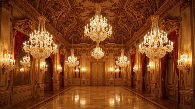 Opulent Ballroom: Gilded Grandeur, Crystal Chandeliers, Palace Interior