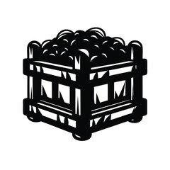 Stylized black and white illustration of a wooden crate full of potatoes