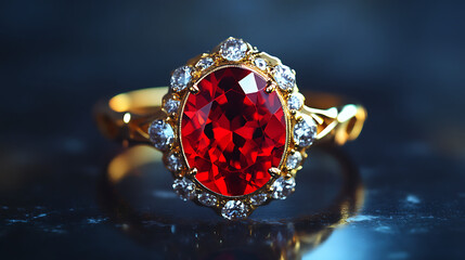 Close up of a gold ring with a large oval red gemstone surrounded by small white diamonds on a dark surface