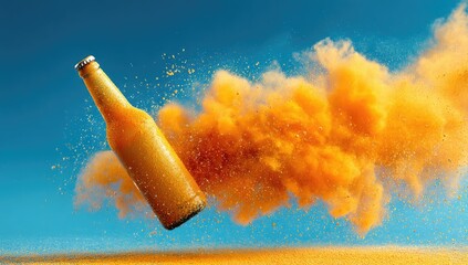 A bottle of a drink in mid-air, surrounded by orange powder