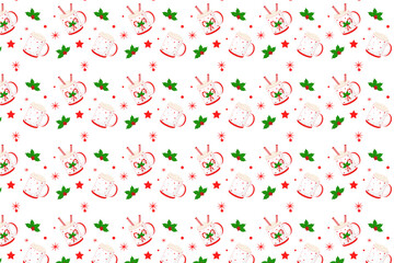 A festive Christmas seamless pattern featuring mugs with marshmallows, candy canes, and stars in red and green on a white background.