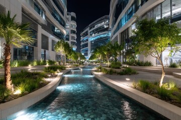 Modern city canal at night