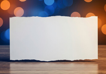 Torn white paper blank space on wooden desk with bokeh lights image