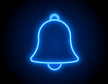 Neon blue bell icon on dark background