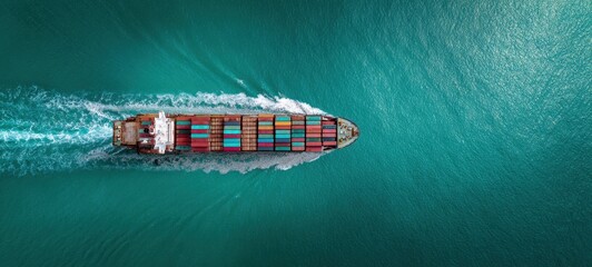 Fototapeta premium The container ship steaming through turquoise ocean with colorful stacked cargo containers
