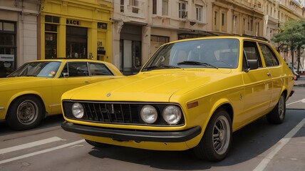 Yellow Vintage Car on City Street - Classic Retro Automobile in Urban Traffic Photography