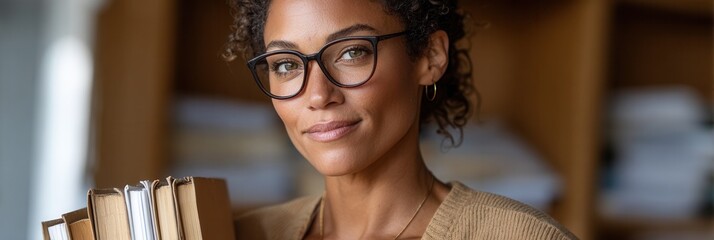 A confident woman with glasses holds a stack of books in a cozy library. The warm atmosphere suggests a love for reading and knowledge.