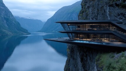Modern house perched on a cliff overlooking a fjord