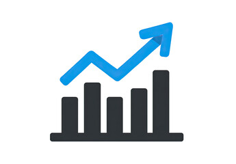 A simple, stylized graphic of a rising bar graph.  A bright, vibrant blue upward arrow highlights a trend of growth or increase over a series of dark grey or black bar-shaped metrics