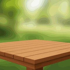Wooden table corner perspective view on green blurred background. Wooden surface of desk, brown outdoor tabletop angle for products display, presentation, advertising, Realistic 3d