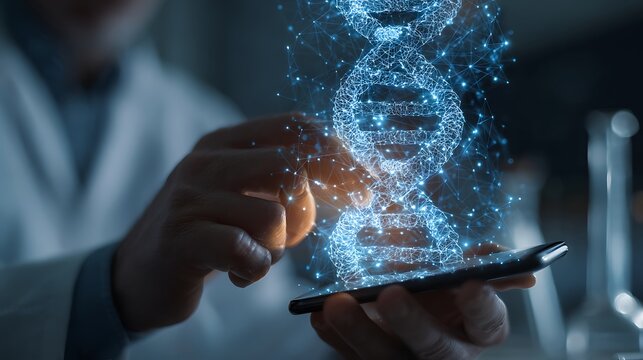 Awesome photo of scientist interacts with digital DNA helix overlay via smartphone in laboratory.