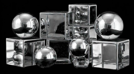 Abstract arrangement of polished chrome spheres and glass cubes