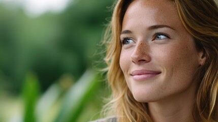 Naklejka premium A young woman with freckles smiles softly, surrounded by greenery. The image conveys a sense of happiness and tranquility in a natural environment.