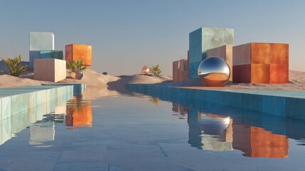 Desert oasis with colorful blocks and a still pool