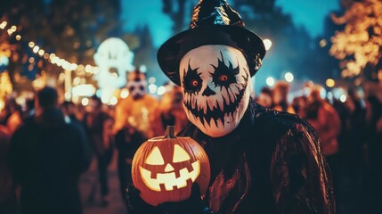 A person in a creepy mask holds a carved pumpkin, surrounded by a crowd at night.