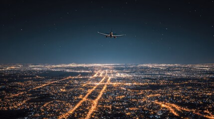 Airplane over night city lights