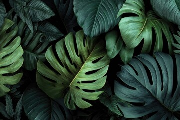 Obraz premium Lush arrangement of various large, dark-green tropical leaves with contrasting textures and shades, creating a dense, rich, botanical backdrop