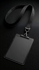 Awesome photo of blank ID card with lanyard mockup against black background.