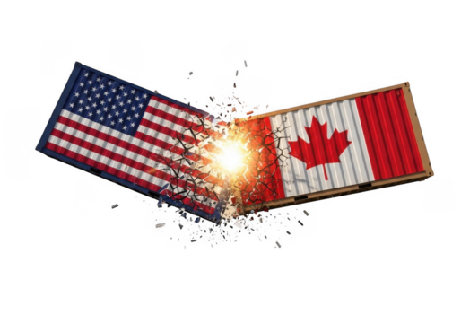 Usa and canada flags collide with bright light isolated on transparent background