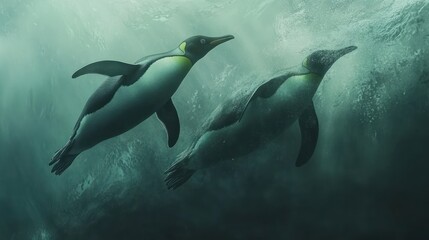 Obraz premium Two Emperor penguins gracefully swimming underwater, illuminated by sunlight.