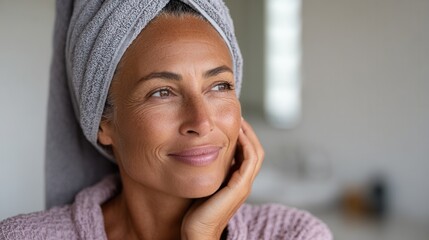 A serene woman with a towel on her head, reflecting in a bright bathroom. The mood is calm and peaceful, perfect for wellness and self-care themes.