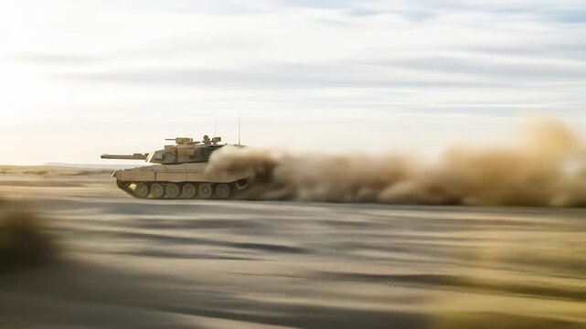 Powerful M1A2 Abrams Main Battle Tank Speeding Across Desert Landscape  Kicking Up Dust Cloud Military Vehicle  Warfare  Armored Fighting Vehicle  