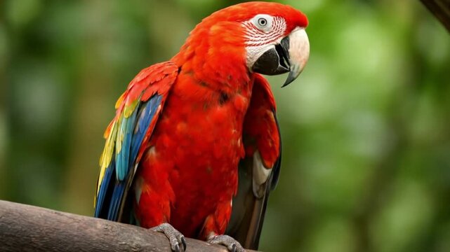 Red parrot perched on branch green background