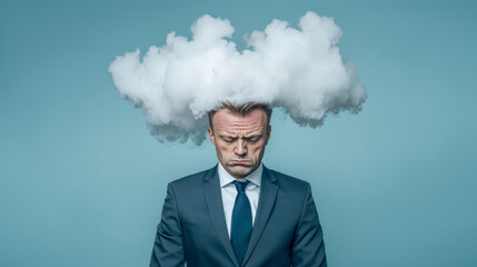 Businessman with his head engulfed in fog or smoke - brain fog, burnout, mental health problems