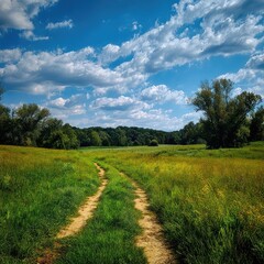 Obraz premium A sunny dirt path 135 leading through a lush green meadow 