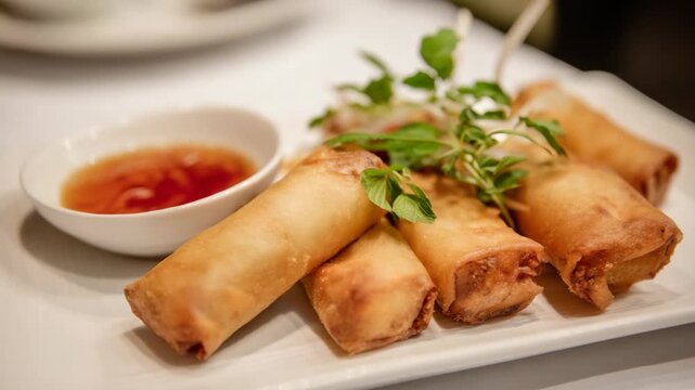 close up spring roll with sour sweet spicy sauce 