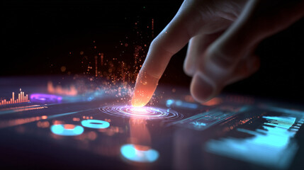 Human finger touching glowing futuristic interface creating spark. hand interacting with digital touchscreen display shows innovation, connection, and futuristic technology