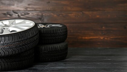 Stacked tires with white rims against a dark wooden background showcase automotive parts.
