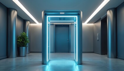 Modern metal detector in lobby. Entrance gate, security checkpoint with illumination. Futuristic tech, surveillance. Contemporary design office, business, buildings, indoor.
