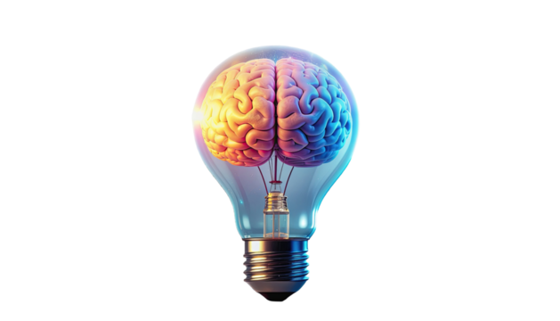 Creative concept illustration of glowing human brain inside light bulb isolated on white background