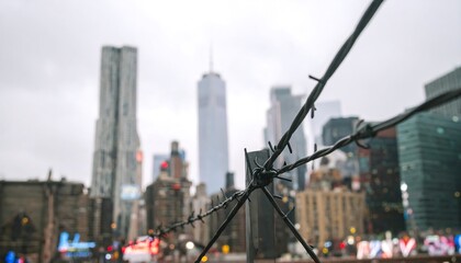 Fototapeta premium Close-up view of barbed wire fence against a blurred backdrop of tall city buildings, evoking a sense of confinement and urban landscape.