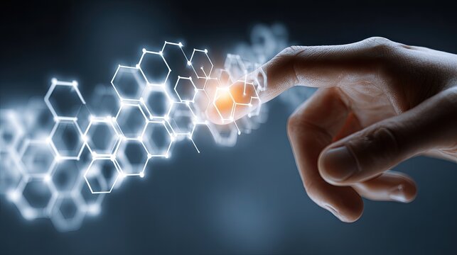 Hand interacts with glowing, hexagonal molecular structure