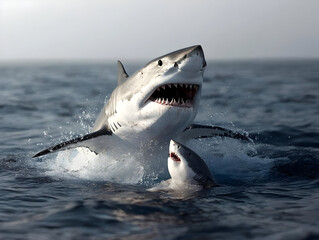 Fototapeta premium Two White Sharks Jumping in Ocean Water