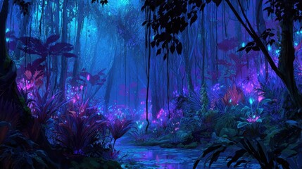 Obraz premium Bioluminescent Rainforest River at Night, Fantasy Background