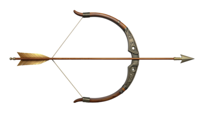 Traditional ornate bow with notched arrow isolated on white background