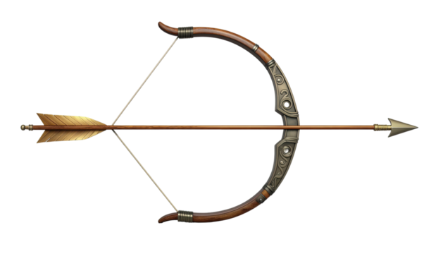 Traditional ornate bow with notched arrow isolated on white background