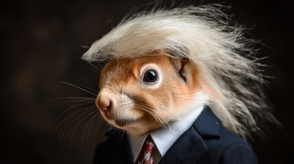 Squirrel in suit, comical Trump-style hair