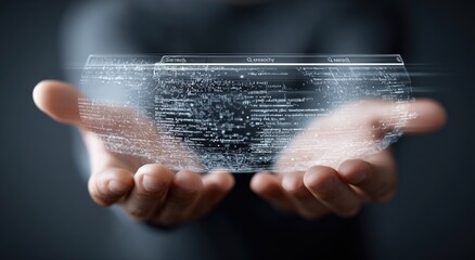 Hands holding a holographic code display